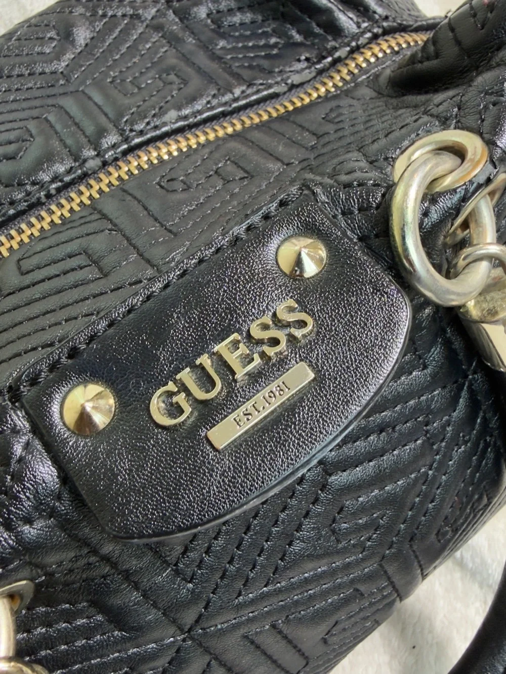 Guess Geometric Quilted Barrel Satchel Bag Black 3D Cube Top Handbag Purse